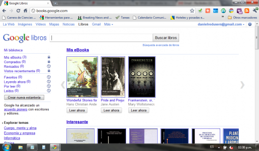 Página principal de Google Books (books.google.com) en español.