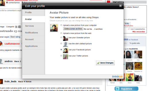 Desde el menu Avatar, podremos elegir que nuestra imagen la tome de Facebook o Twitter, entre otras opciones.