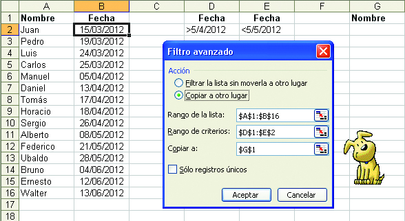 Así indicamos los rangos en juego para obtener, de una lista general, las filas que cumplan cierto criterio.