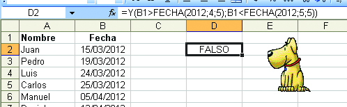 La fórmula de la celda [D2] indica que la fecha debe estar comprendida entre el cinco de abril y el cinco de mayo. Para que funcione como rango de criterio, la celda [D1] debe estar vacía.