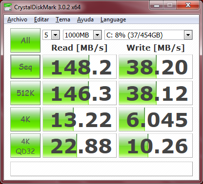 Aquí tenemos el resultado del benchmark CrystalDiskmark. Pueden bajar el programa y compararlo con sus propias notebooks.