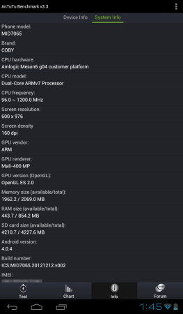 Detalles del hardware integrado en la tableta MID7065.