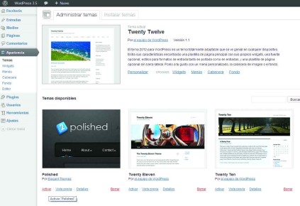 3) Ahora vamos al Escritorio de WordPress y a [Apariencia/Temas]. La solapa [Administrar temas] nos mostrará los disponibles, y debería haberse agregado el que copiamos. Con el link [Activar] lo aplicamos.