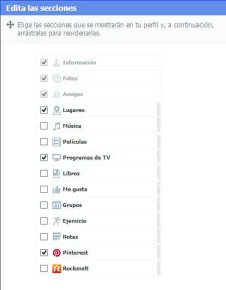 Solo [Información], [Fotos] y [Amigos] no pueden ser eliminadas o reordenadas. El resto de las secciones podremos administrarlo a nuestro gusto.