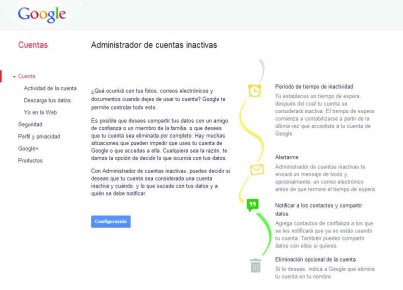 1) Nos conectaremos a https://www.google.com/settings/u/0/account/inactive e iniciaremos sesión si aún no lo hemos hecho. Luego, haremos clic en [Configuración].