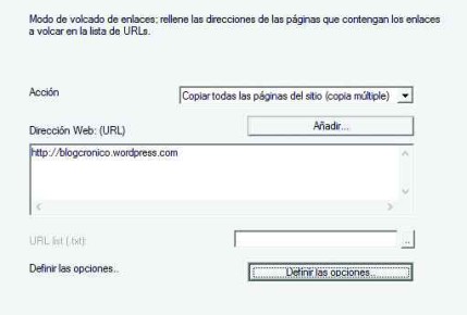 2) En [Acción] seleccionaremos [Copiar todas las páginas del sitio (copia múltiple)] para que los vínculos de la descarga funcionen. Presionaremos entonces [Añadir…] para agregar la URL del sitio con el que queremos trabajar.