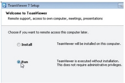 Ejecutamos TeamViewer. Elegimos si deseamos realizar la instalación completa o sólo ejecutarlo. Para este ejemplo solo ejecutamos el programa, marcamos la opción adecuada y continuamos.