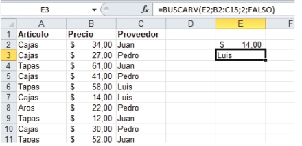 La función de la celda [E3] encuentra el nombre del proveedor correspondiente al precio obtenido en la celda [E2].