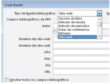 En el cuadro de diálogo Crear fuente desplegamos el menú [Tipo de fuente bibliográfica] y seleccionamos la opción [Sitio web].