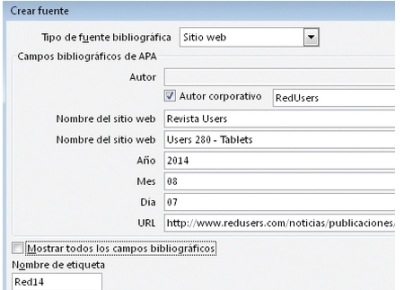 Completamos los datos del formulario con la información solicitada en cada campo. Si el sitio no presenta un autor específico, debemos utilizar la opción [Autor corporativo] y colocar allí el nombre de la empresa, organismo o entidad que respalda al sitio. Tras completar los campos, hacemos clic en [Aceptar].