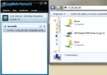 Si deseamos acceder a los recursos compartidos de algún integrante de la red (carpetas, dispositivos), solo debemos dirigirnos a su dirección IP de Hamachi, agregando dos barras invertidas antes.