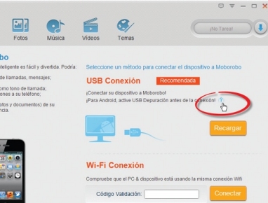 Al iniciar la aplicación, se presenta el tutorial de conexión. También podemos acceder manualmente a él desde el signo de interrogación en la ventana central.