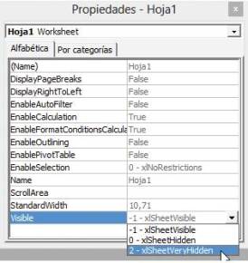En la ventana de propiedades del editor de Visual Basic le podemos aplicar a una hoja el atributo “muy oculto”. Una hoja con este atributo permanecerá oculta y no podremos hacerla visible desde el menú de Excel.