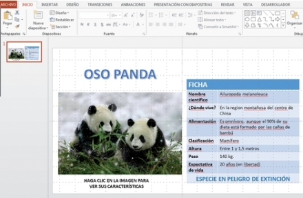 Iniciamos una nueva presentación de PowerPoint 2013 e insertamos los diferentes elementos que utilizaremos. En este ejemplo, utilizamos una tabla para mostrar la información sobre la imagen. Casi cualquier presentación sirve para practicar.