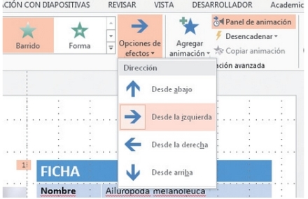 Seleccionamos la tabla (o el elemento que deseamos que aparezca al hacer clic en el desencadenador), vamos a la ficha [Animaciones] y en el grupo Animación seleccionamos alguno de los efectos disponibles. Conviene revisar el menú desplegable [Opciones de efectos].