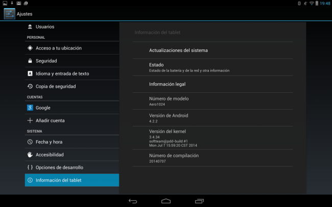 Detalle de la versión de Android.