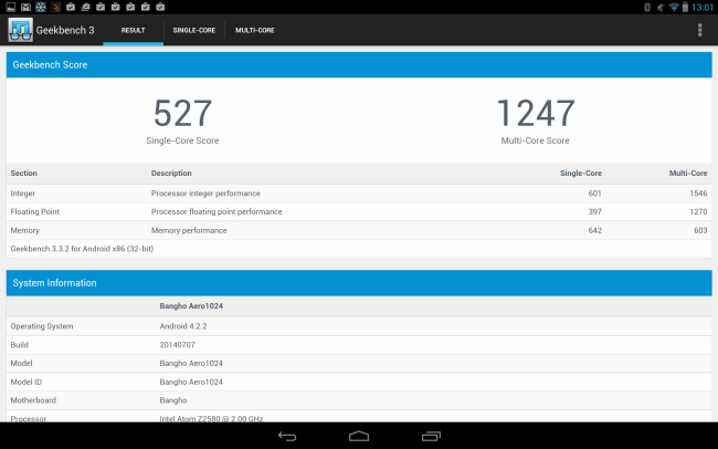 Puntajes obtenidos en GeekBench.