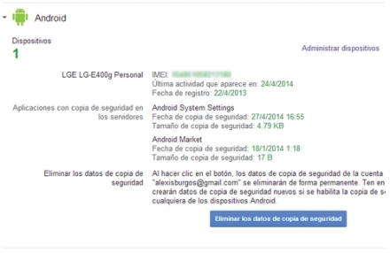La información de los dispositivos Android incluye el botón [Administración de dispositivos], que nos permite borrar los datos en caso de robo del teléfono.