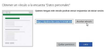 En la siguiente ventana hacemos clic con el botón secundario del mouse sobre el enlace y en el menú contextual elegimos [Copiar]. O presionamos [Acortar vínculo] para obtener un enlace más corto. Finalmente, hacemos clic en [Listo].