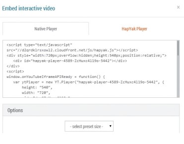 ¡Listo! Haremos clic en [Embed] para conseguir el código de incrustación del video. El botón [Options] nos permitirá ajustar el tamaño de la reproducción y el agregado de botones extra de HapYak.