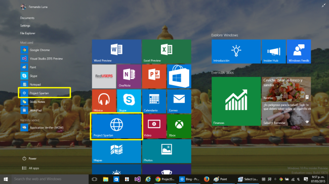 Actualizado Windows 10 a su última build, encontraremos a Project Spartan dentro de las aplicaciones recientes, y en el nuevo menú de inicio basado en mosaicos.