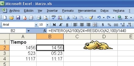 Las fórmulas de la columna [B] “cortan por la mitad” los datos de la columna [A] y convierten la primera mitad en horas y la segunda en minutos. Los factores 24 y 1440 corresponden a la relación entre días y horas, y días y minutos.