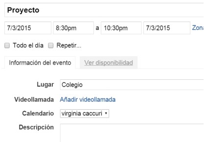 En la siguiente página escribimos un nombre para el evento, determinamos las fechas y horarios de inicio y finalización, invitamos a otras personas a participar de este calendario y completamos la información correspondiente al lugar y la descripción del evento