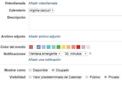 Desde la parte inferior de esta página se puede adjuntar archivos, identificar el evento con un color específico, configurar las notificaciones (tiempo y forma del recordatorio) y definir las opciones de visibilidad y los permisos. Finalmente, regresamos a la parte superior de esta página y hacemos clic en [Guardar].