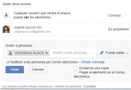 Hacemos clic en [Avanzadas] para acceder a otras opciones y combinarlas. Por ejemplo, podemos otorgar permisos para ver el documento compartido a través de redes sociales y permisos para editar a usuarios específicos. De esta manera ningún integrante del equipo podrá decir que no estaba al tanto de la existencia del documento.