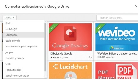 En la ventana de aplicaciones podemos utilizar el menú desplegable para seleccionar una categoría y filtrar la búsqueda. Las aplicaciones ya conectadas a Google Drive aparecen con una banda transversal de color verde.