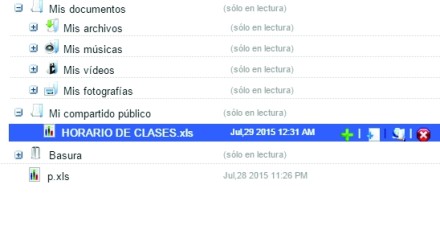 3) Desde el panel central seleccionamos el archivo que acabamos de subir. Podemos hacer doble clic sobre él para abrirlo en la aplicación correspondiente de OODesk. Cuando el archivo está seleccionado veremos las opciones para descargar, compartir o eliminar.