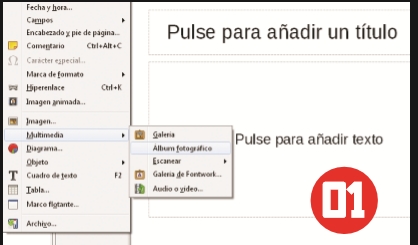 Iniciamos el lanzador de aplicaciones de LibreOffice y en el panel izquierdo seleccionamos [Presentación de Impress]. Una vez abierto el programa, vamos al menú [Insertar], hacemos clic en [Multimedia] y luego elegimos [Álbum fotográfico].