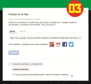 Por último, hacemos clic en [Contenido publicado y configuración] para tildar la opción [Volver a publicar automáticamente cuando se realicen cambios], si deseamos que el contenido se actualice automáticamente