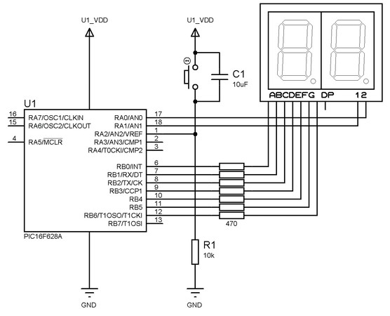 Aquí podemos ver el circuito principal con su polarización e interconexión al Display doble de 7 segmentos.