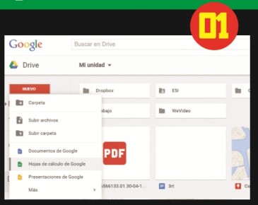 Iniciamos sesión en Google Drive (https://drive.google.com) y desde el panel lateral hacemos clic en [Nuevo]/ [Hojas de cálculo de Google]. O abrimos un archivo ya creado, desde el panel central de Google Drive.