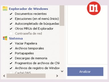 Para realizar una limpieza de archivos temporales debemos seleccionar los directorios y tipos de archivos, tanto de Windows como de los programas. Luego presionamos el botón [Analizar].