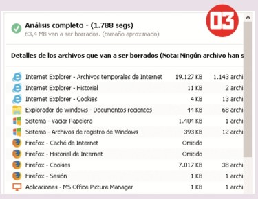 Finalizado el análisis se listan los archivos temporales que se pueden borrar. Si en la lista hay archivos que no deseamos borrar, debemos excluir el directorio o el tipo de archivo desde las opciones.