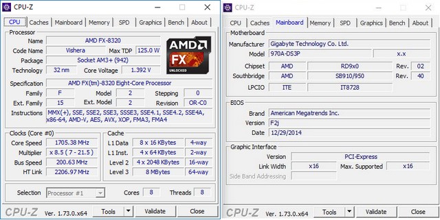 Con CPU-Z podemos ver las principales características del mother como su Chiposet 970 y su chip del puente sur 950.