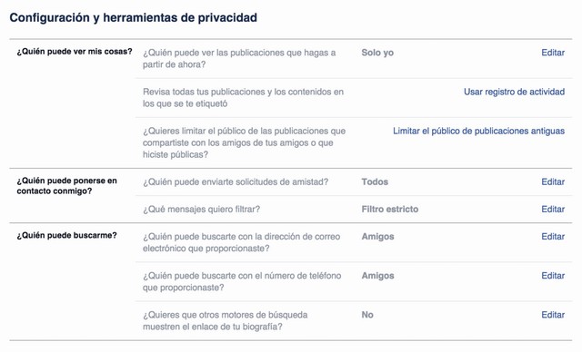 Cada una de las opciones de privacidad contiene sub-ítems que podremos configurar a gusto.