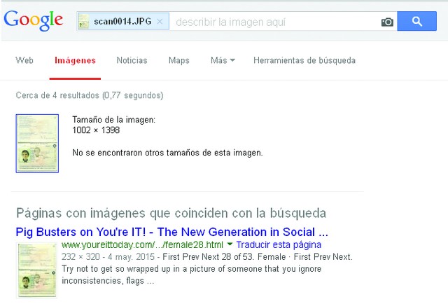 Una búsqueda rápida en Google con la imagen del pasaporte nos reveló que no se trataba de un documento auténtico.