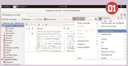 En el botón de menú de Thunderbird vamos a [Complementos]. Dentro de [Obtener complementos], colocamos el nombre del que deseemos instalar. En este ejemplo: Ad block.