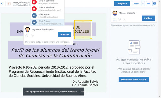 La apariencia de la interfaz de comentarios en Dropbox es excelente.