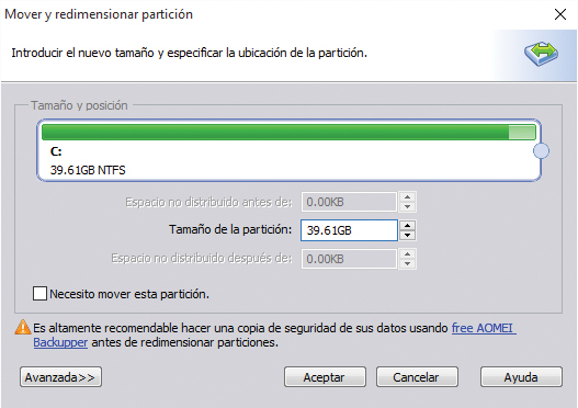 En el caso de que hubiera espacio contiguo disponible, encontraríamos la posibilidad de extender la barra deslizante más allá del tamaño actual de la partición.