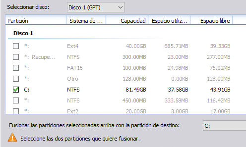 Fusión de particiones: no podemos fusionar particiones lógicas en funcionamiento, sino solo espacio sin asignar.