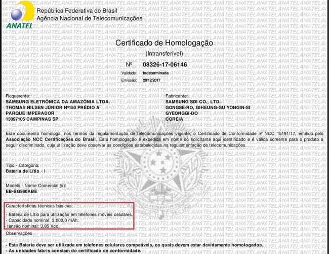 El documento de Agencia Nacional de la Telecomunicaciones de Brasil en el cual aparece el Galaxy S9 de Samsung.